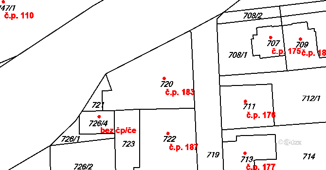 Úštěk-Českolipské Předměstí 183, Úštěk na parcele st. 720 v KÚ Úštěk, Katastrální mapa