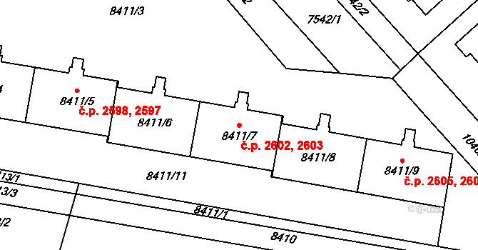 Jižní Předměstí 2602,2603, Plzeň na parcele st. 8411/6 v KÚ Plzeň, Katastrální mapa