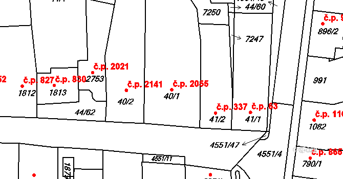 Staré Město 2055 na parcele st. 40/1 v KÚ Staré Město u Uherského Hradiště, Katastrální mapa