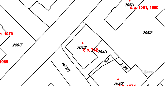 Hlučín 742 na parcele st. 704/2 v KÚ Hlučín, Katastrální mapa