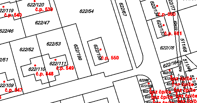 Horní Měcholupy 550, Praha na parcele st. 622/158 v KÚ Horní Měcholupy, Katastrální mapa