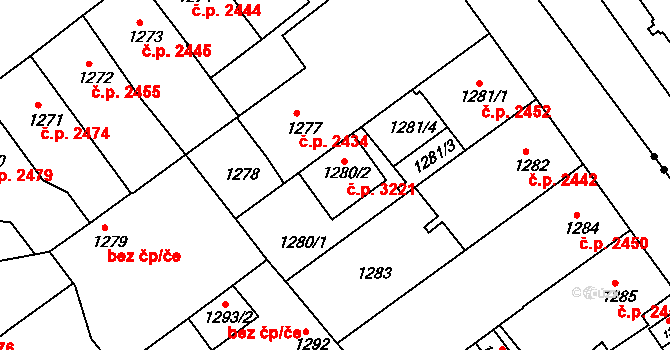 Teplice 3221 na parcele st. 1280/2 v KÚ Teplice, Katastrální mapa