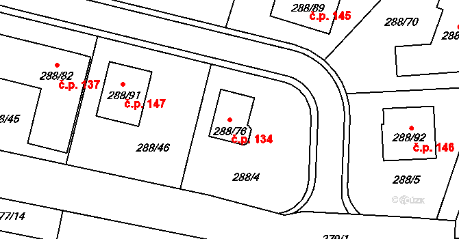 Pávov 134, Jihlava na parcele st. 288/76 v KÚ Pávov, Katastrální mapa