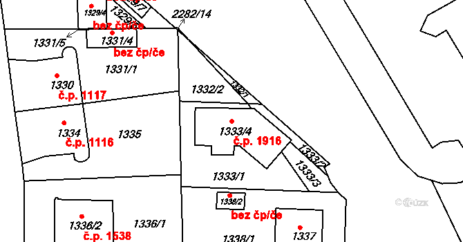 Trnovany 1916, Teplice na parcele st. 1333/4 v KÚ Teplice-Trnovany, Katastrální mapa