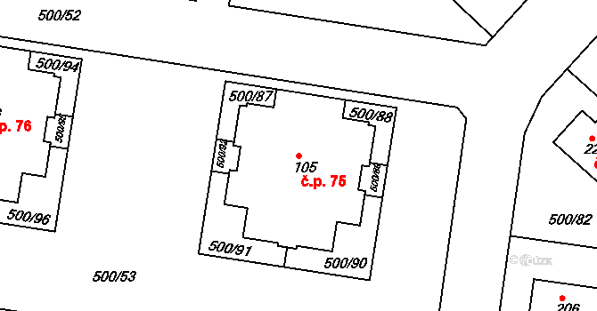 Kozinec 75, Holubice na parcele st. 105 v KÚ Kozinec, Katastrální mapa