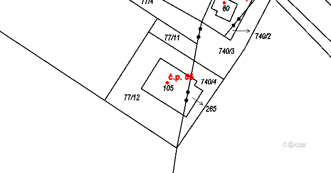 Branišov 55, Zvole na parcele st. 105 v KÚ Branišov nad Pernštejnem, Katastrální mapa