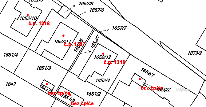 Hustopeče 1316 na parcele st. 1652/12 v KÚ Hustopeče u Brna, Katastrální mapa