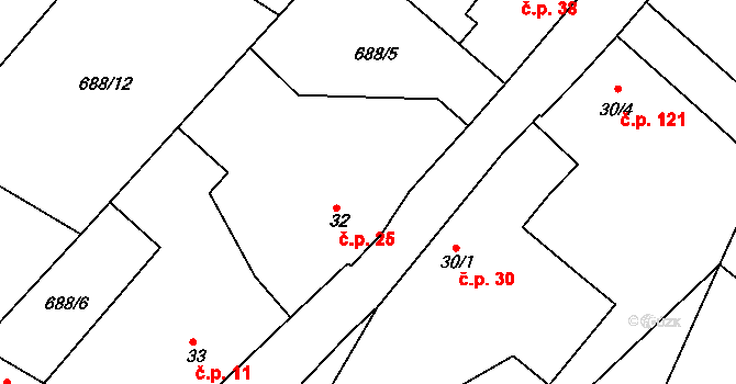 Teplýšovice 25 na parcele st. 32 v KÚ Teplýšovice, Katastrální mapa