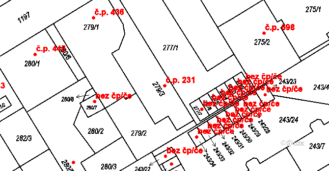 Vítkovice 231, Ostrava na parcele st. 279/3 v KÚ Vítkovice, Katastrální mapa