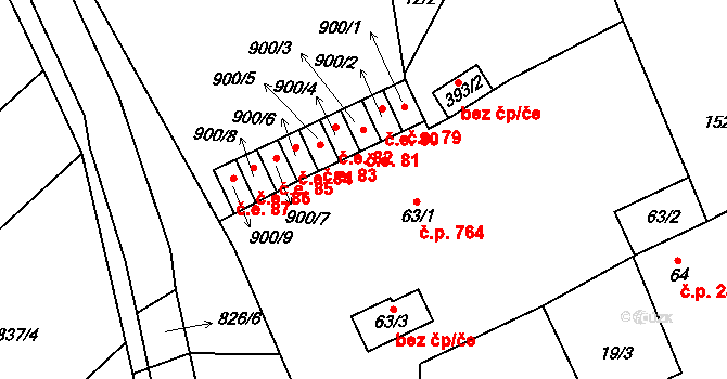 Lom 764 na parcele st. 63/1 v KÚ Lom u Mostu, Katastrální mapa