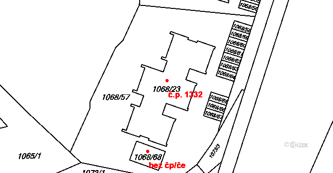 Lyžbice 1332, Třinec na parcele st. 1068/23 v KÚ Lyžbice, Katastrální mapa