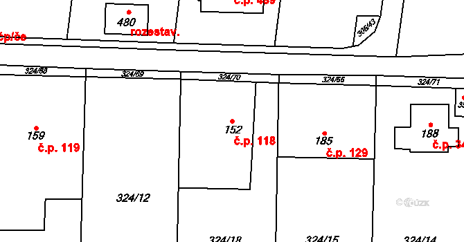 Tuchoměřice 118 na parcele st. 152 v KÚ Tuchoměřice, Katastrální mapa