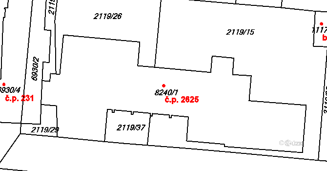 Zelené Předměstí 2625, Pardubice na parcele st. 8240/1 v KÚ Pardubice, Katastrální mapa