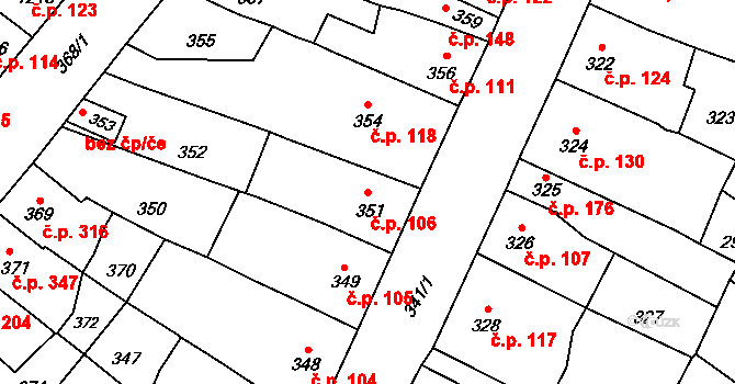 Rájec 106, Rájec-Jestřebí na parcele st. 351 v KÚ Rájec nad Svitavou, Katastrální mapa