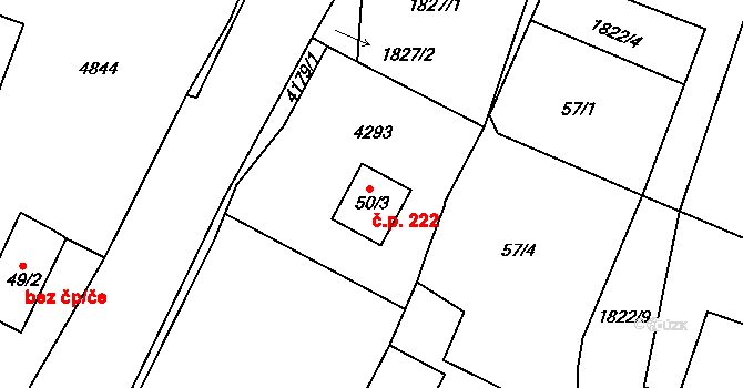 Přehýšov 222 na parcele st. 50/3 v KÚ Přehýšov, Katastrální mapa