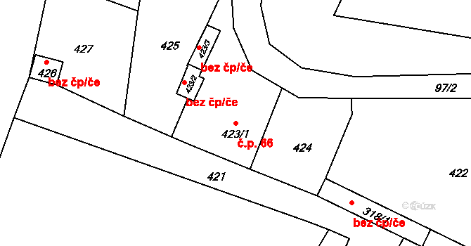 Koryčany 66 na parcele st. 423/1 v KÚ Koryčany, Katastrální mapa