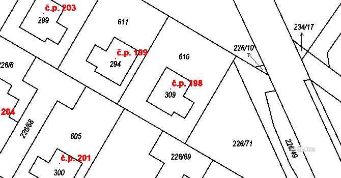 Výšovice 198 na parcele st. 309 v KÚ Výšovice, Katastrální mapa