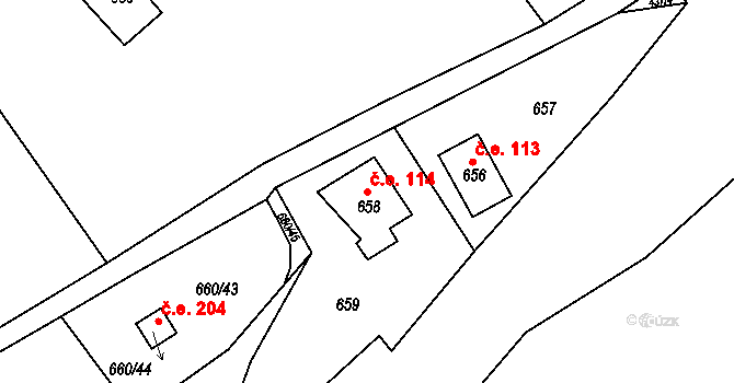 Plumlov 114 na parcele st. 658 v KÚ Plumlov, Katastrální mapa