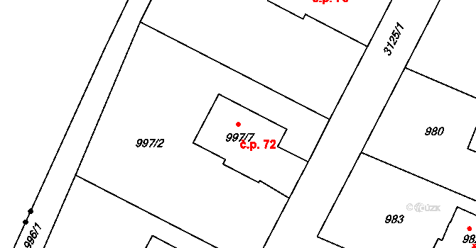 Lyžbice 72, Třinec na parcele st. 997/7 v KÚ Lyžbice, Katastrální mapa