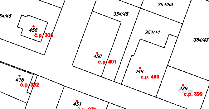 Rožďalovice 401 na parcele st. 450 v KÚ Rožďalovice, Katastrální mapa