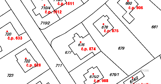 Roztoky 874 na parcele st. 676 v KÚ Roztoky u Prahy, Katastrální mapa