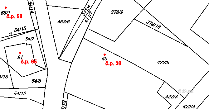 Borek 36 na parcele st. 49 v KÚ Borek, Katastrální mapa