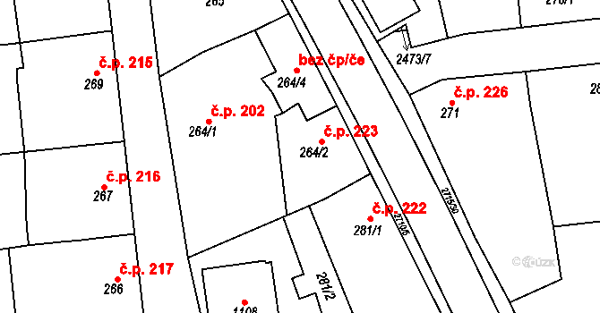 Milotice 223 na parcele st. 264/2 v KÚ Milotice u Kyjova, Katastrální mapa