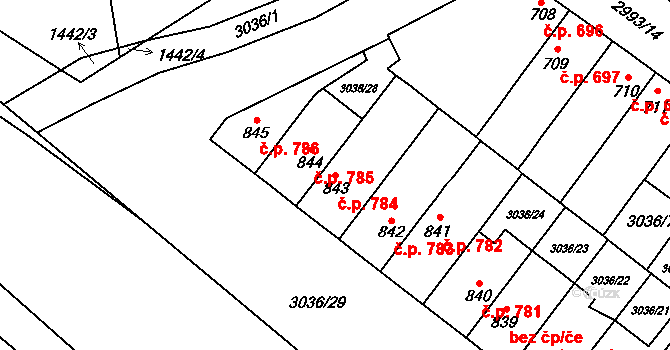 Kyjov 784 na parcele st. 843 v KÚ Kyjov, Katastrální mapa
