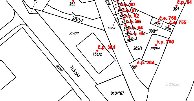 Vyškov-Předměstí 384, Vyškov na parcele st. 351/2 v KÚ Vyškov, Katastrální mapa