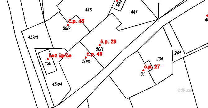 Tlučeň 28, Hlinná na parcele st. 50/1 v KÚ Tlučeň, Katastrální mapa
