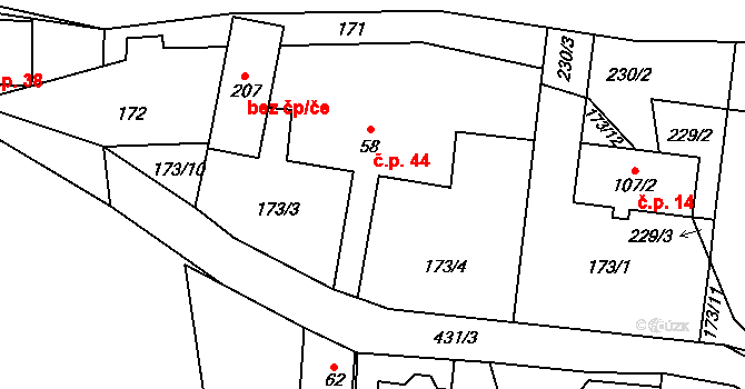 Litice nad Orlicí 44, Záchlumí na parcele st. 58 v KÚ Litice nad Orlicí, Katastrální mapa