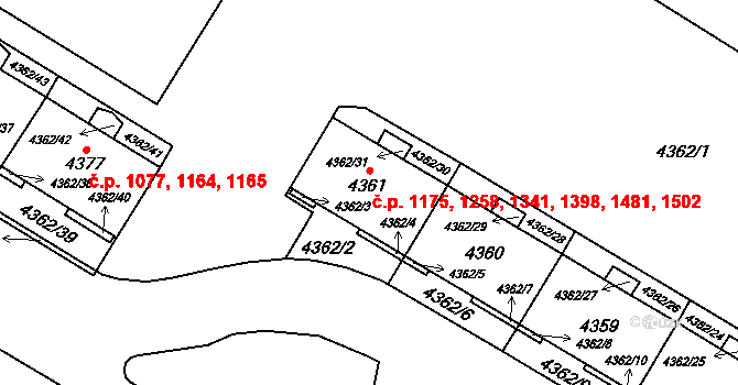 Židenice 1175,1258,1341,1398,, Brno na parcele st. 4361 v KÚ Židenice, Katastrální mapa