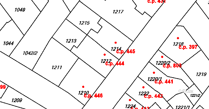 Pelhřimov 444 na parcele st. 1212 v KÚ Pelhřimov, Katastrální mapa