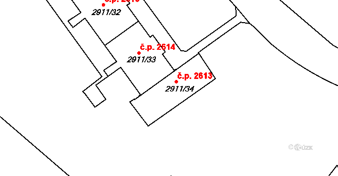 Teplice 2613 na parcele st. 2911/34 v KÚ Teplice, Katastrální mapa