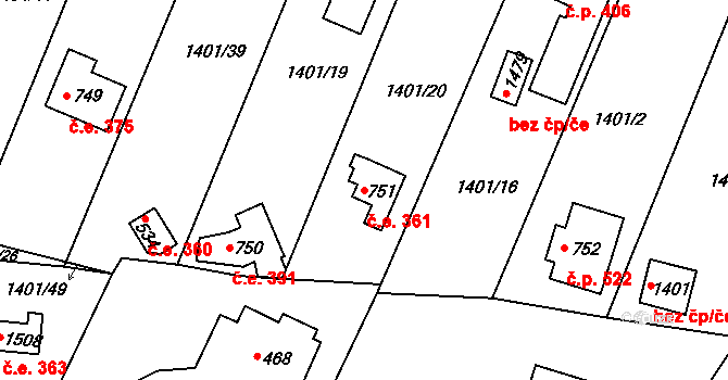 Mnichovice 361 na parcele st. 751 v KÚ Mnichovice u Říčan, Katastrální mapa