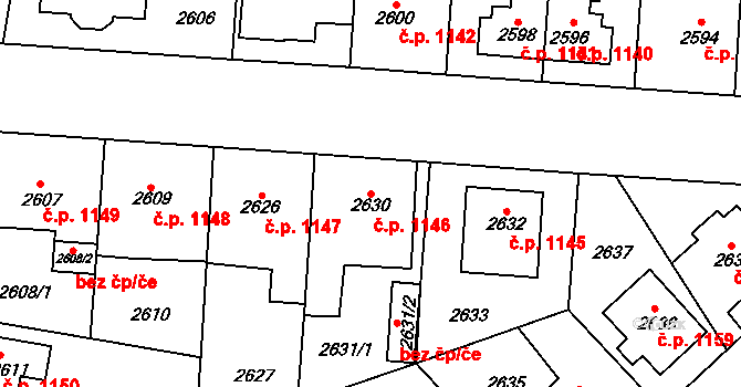 Horní Počernice 1146, Praha na parcele st. 2630 v KÚ Horní Počernice, Katastrální mapa