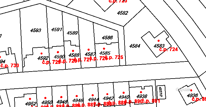 Záběhlice 725, Praha na parcele st. 4585 v KÚ Záběhlice, Katastrální mapa