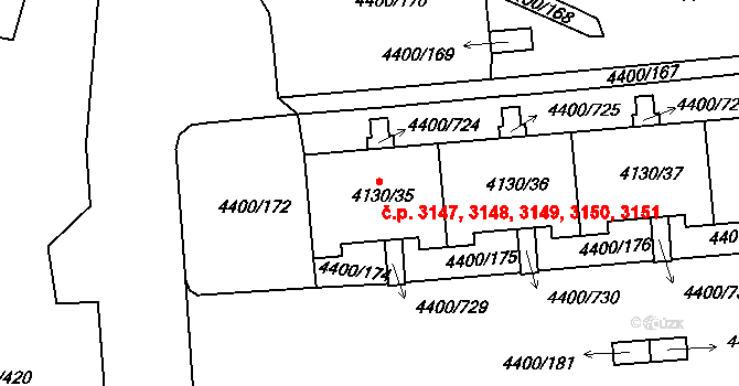 Modřany 3147,3148,3149,3150,, Praha na parcele st. 4130/35 v KÚ Modřany, Katastrální mapa
