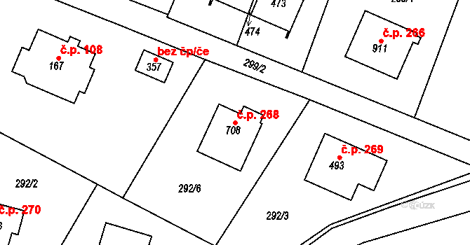 Podhůří 268, Vrchlabí na parcele st. 708 v KÚ Podhůří-Harta, Katastrální mapa
