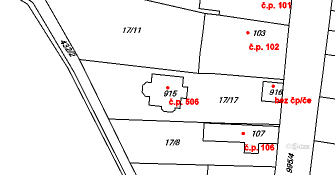 Sendražice 506, Kolín na parcele st. 915 v KÚ Sendražice u Kolína, Katastrální mapa