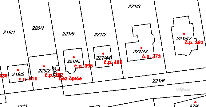 Hradiště 405, Plzeň na parcele st. 221/44 v KÚ Hradiště u Plzně, Katastrální mapa