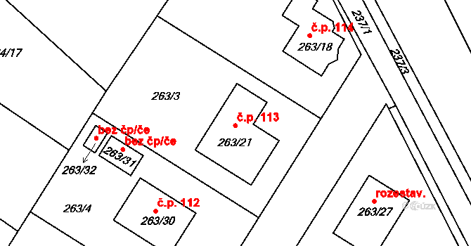 Vinařice 113, Týnec nad Labem na parcele st. 263/21 v KÚ Vinařice u Týnce nad Labem, Katastrální mapa