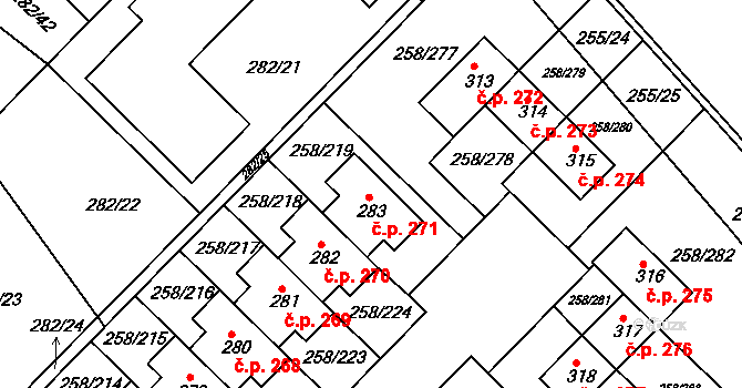 Jenštejn 271 na parcele st. 283 v KÚ Jenštejn, Katastrální mapa