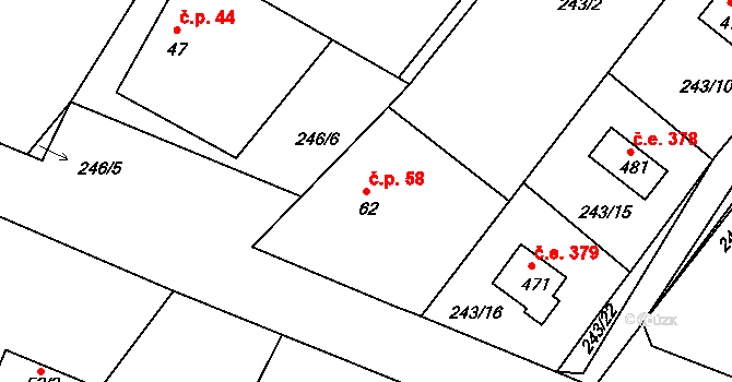 Třebsín 58, Krňany na parcele st. 62 v KÚ Třebsín, Katastrální mapa
