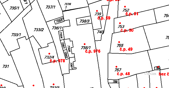 Žebětín 976, Brno na parcele st. 738/1 v KÚ Žebětín, Katastrální mapa
