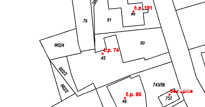 Škrdlovice 74 na parcele st. 45 v KÚ Škrdlovice, Katastrální mapa
