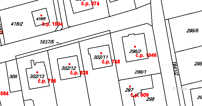 Kylešovice 748, Opava na parcele st. 302/11 v KÚ Kylešovice, Katastrální mapa