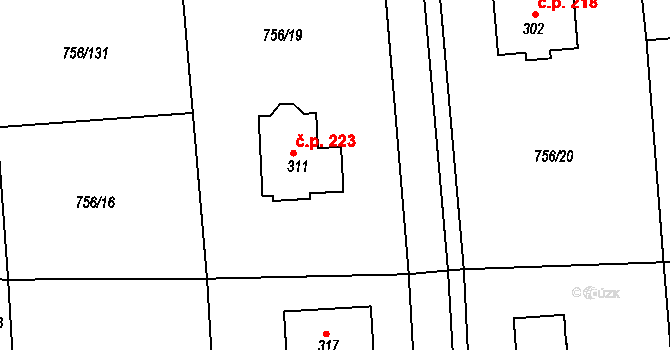 Hromnice 223 na parcele st. 311 v KÚ Hromnice, Katastrální mapa