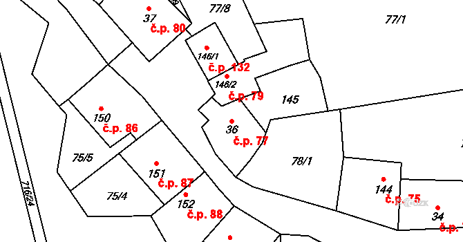 Mouchnice 77 na parcele st. 36 v KÚ Mouchnice, Katastrální mapa