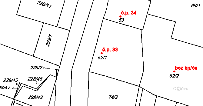 Tachlovice 33 na parcele st. 52/1 v KÚ Tachlovice, Katastrální mapa